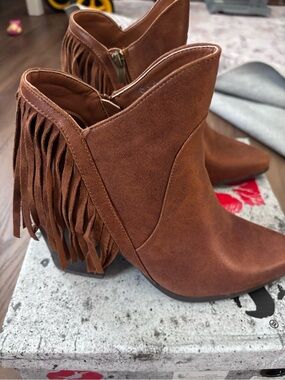 Hot Kiss Brown Fringe Suede Ankle Booties